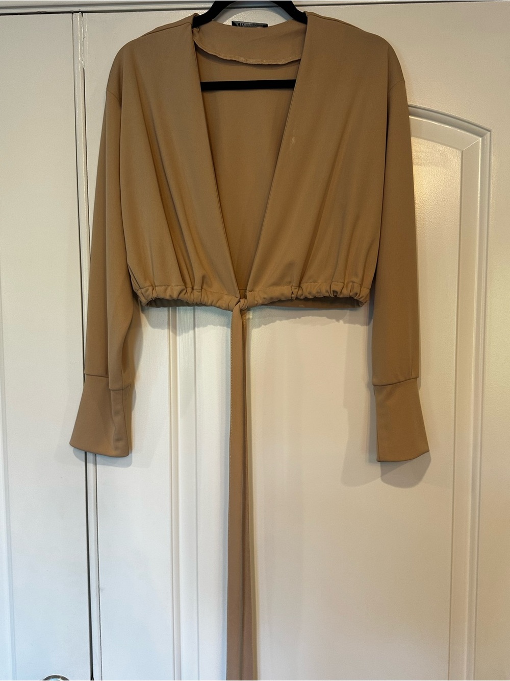 Zara Cropped Tie-Front Wrap Top Camel